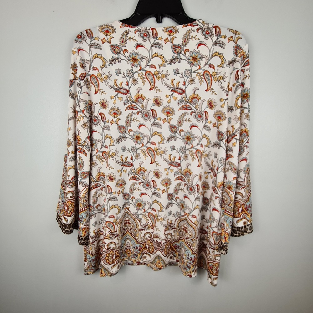 Chico's Leopard Paisley Floral V-Neck Bell Sleeve Tunic Top Brown White Size 1 M - Picture 8 of 8